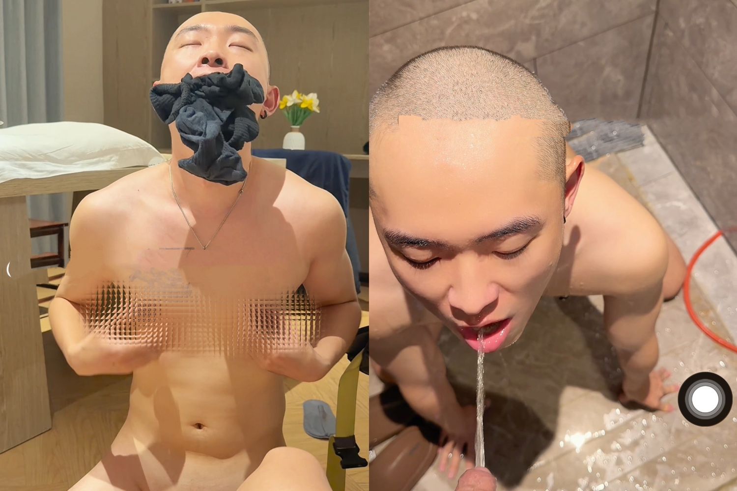 被迫剃光头发跪着当狗，还被塞袜子打飞机吃脚喝尿