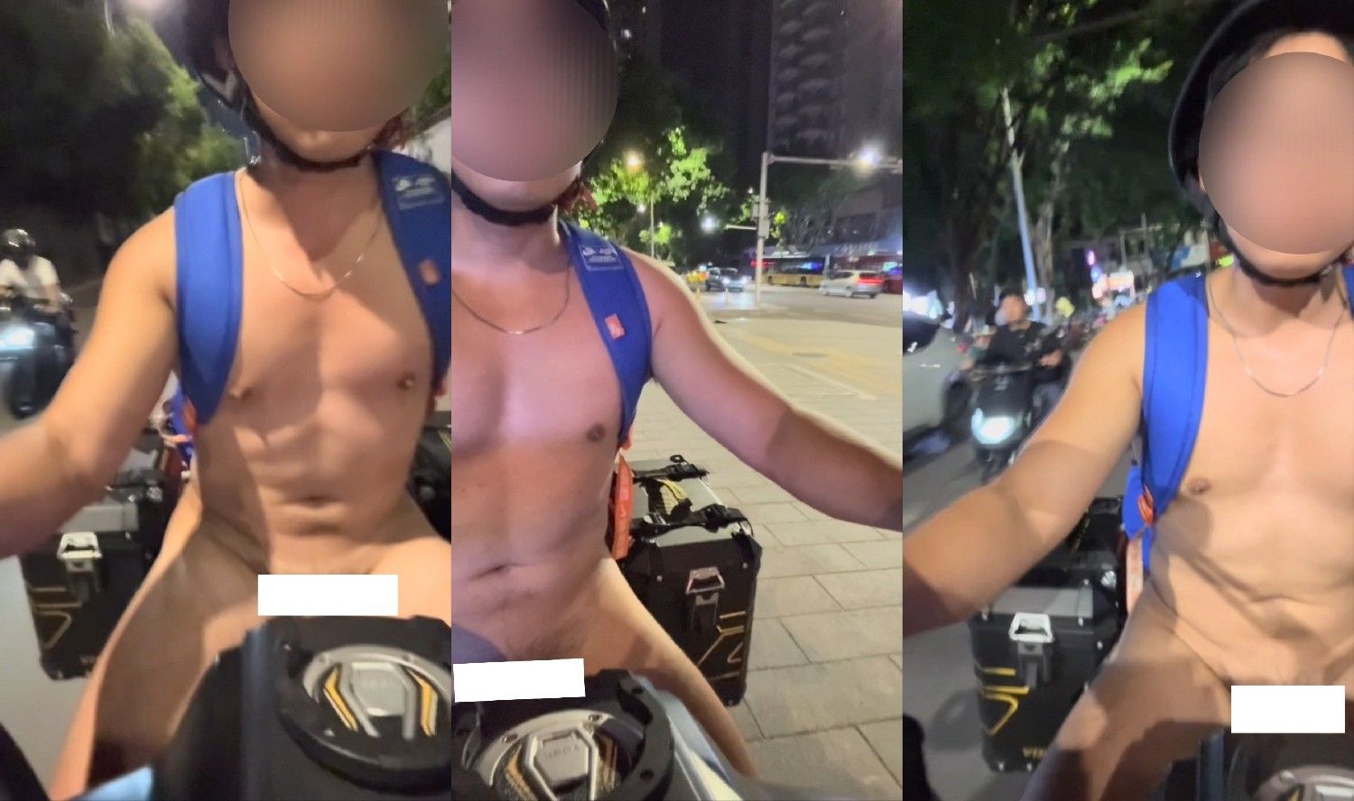 夜間裸騎,途徑許多車輛和行人