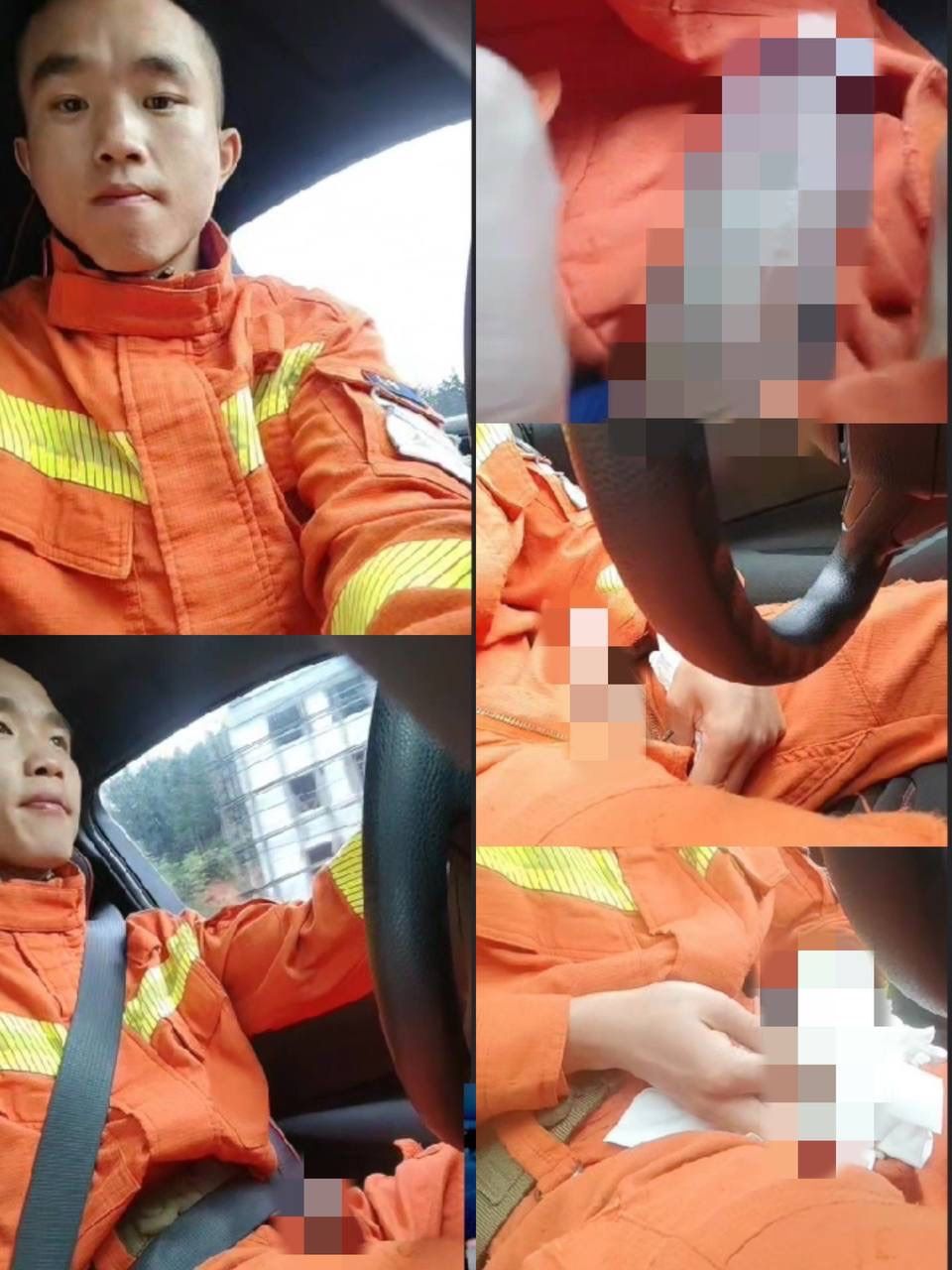 震惊！现役直男消防员在外出警竟然在车里就玩起来了，真是上头了，边开车边玩身体还一直蠕动，骚话不断，吊也大.